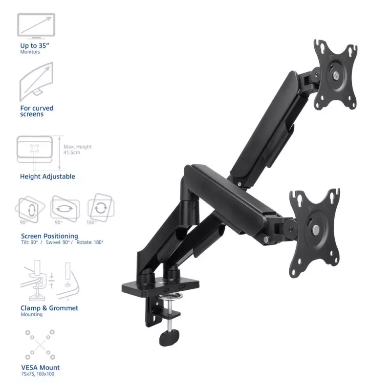 ACT monitorių laikiklis 35 colių, dujinis, 2 monitoriams, Essentials, Clamp/Grommet, 18 kg, 43,2 cm (17 inch), 88,9 cm (35 inch), 100 x 100 mm, juodas