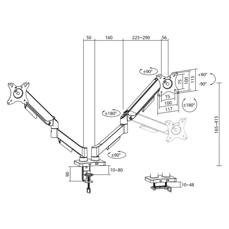 ACT monitorių laikiklis 35 colių, dujinis, 2 monitoriams, Essentials, Clamp/Grommet, 18 kg, 43,2 cm (17 inch), 88,9 cm (35 inch), 100 x 100 mm, juodas