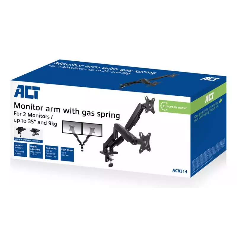 ACT monitorių laikiklis 35 colių, dujinis, 2 monitoriams, Essentials, Clamp/Grommet, 18 kg, 43,2 cm (17 inch), 88,9 cm (35 inch), 100 x 100 mm, juodas