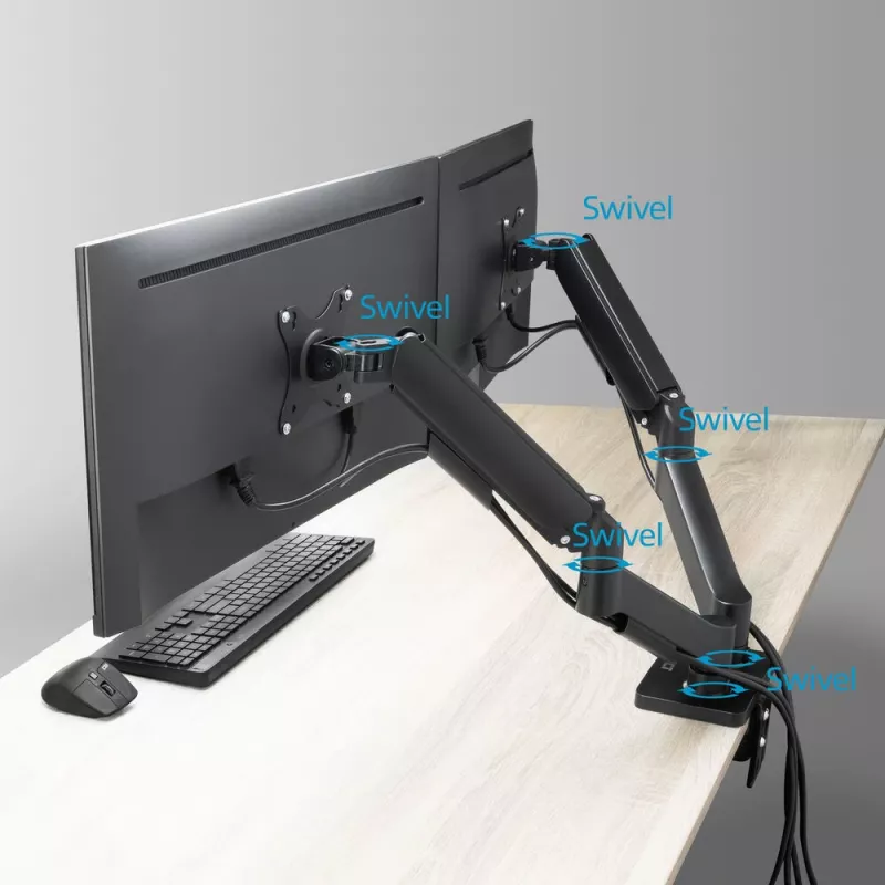ACT monitorių laikiklis 35 colių, dujinis, 2 monitoriams, Essentials, Clamp/Grommet, 18 kg, 43,2 cm (17 inch), 88,9 cm (35 inch), 100 x 100 mm, juodas