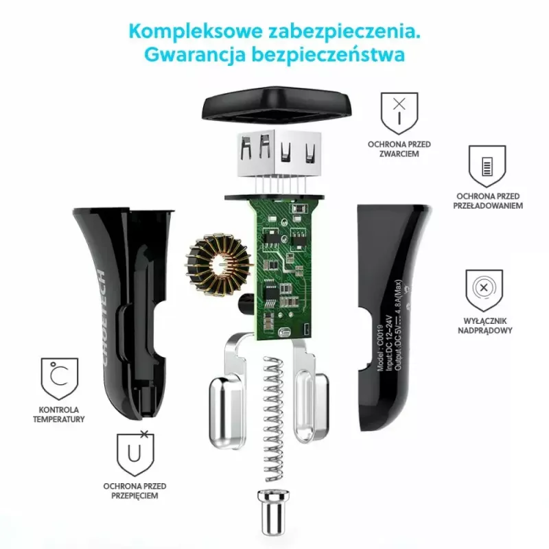 Maitinimo adapteris CHOETECH C0051 dviejų USB-A 36W QC3.0, juodas