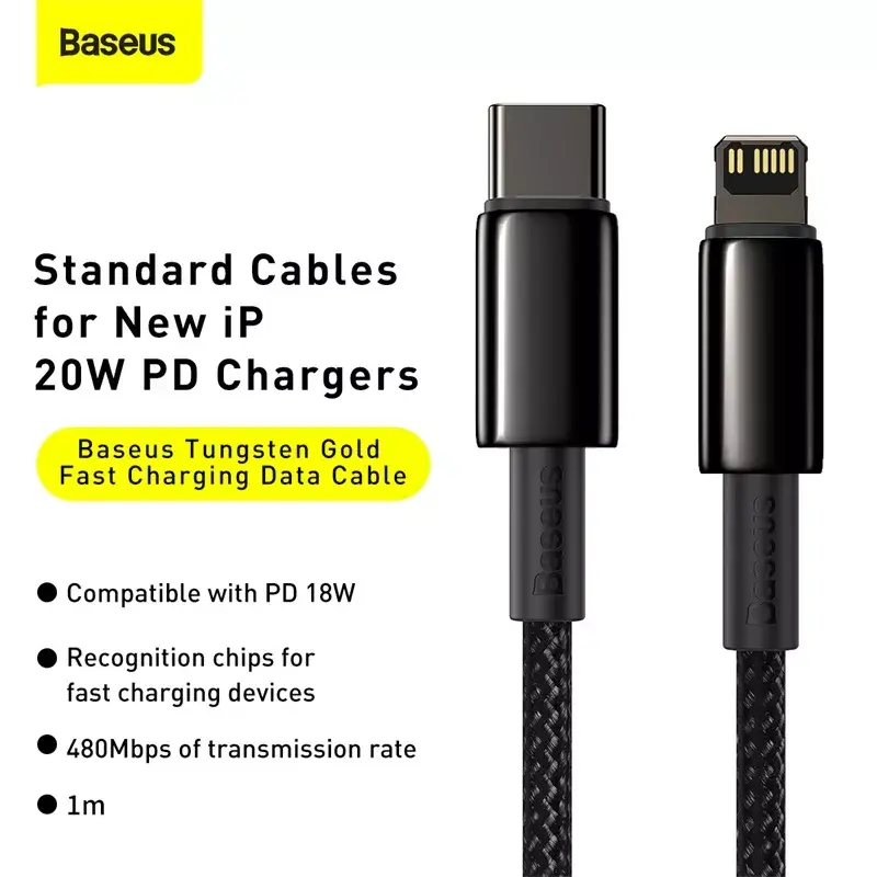 Laidas Baseus Tungsten Gold 1 m Juodas Lightning į USB-C