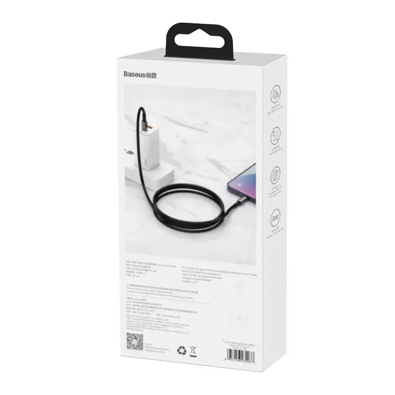 Laidas Baseus Tungsten Gold 1 m Juodas Lightning į USB-C
