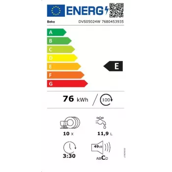 Laisvai pastatoma siauroji indaplovė BEKO DVS05024W — 10 komplektų, 45 cm, 49 dB, E klasė