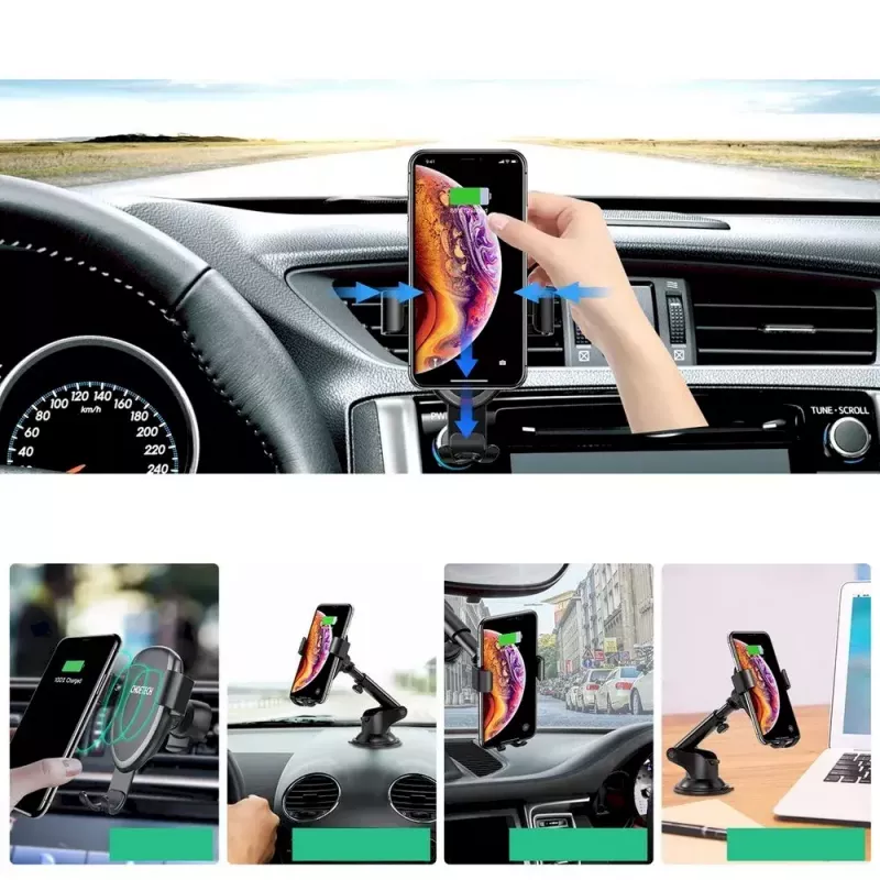 Automobilinis telefono laikiklis CHOETECH T536-S su 10W belaidžiu krovimu, tvirtinimas prie prietaisų skydelio / stiklo