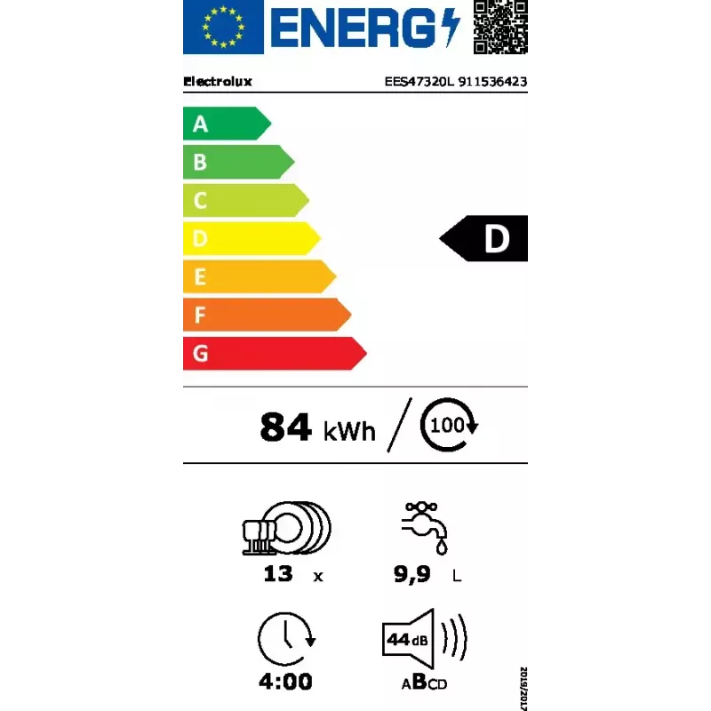 Įmontuojama indaplovė Electrolux EES47320L 13 komplektų 44 dB