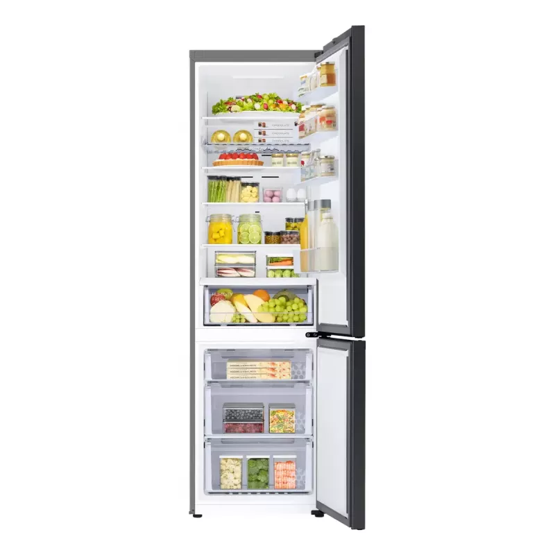 Laisvai pastatomas šaldytuvas Samsung RB38C6B2E22 su No Frost, dešiniais vyriais, 35 dB, energijos klasė E, 8 kg/24h užšaldymas, 4 lentynos, 2 daržovių stalčiai, juodas