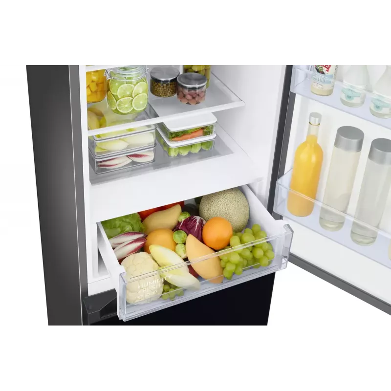 Laisvai pastatomas šaldytuvas Samsung RB38C6B2E22 su No Frost, dešiniais vyriais, 35 dB, energijos klasė E, 8 kg/24h užšaldymas, 4 lentynos, 2 daržovių stalčiai, juodas
