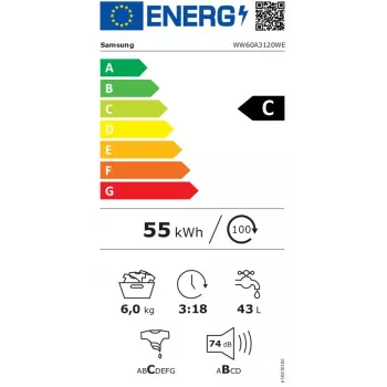 Samsung WW60A3120WE/LE skalbyklė, priekinis pakrovimas, 6 kg, 1200 aps./min., balta