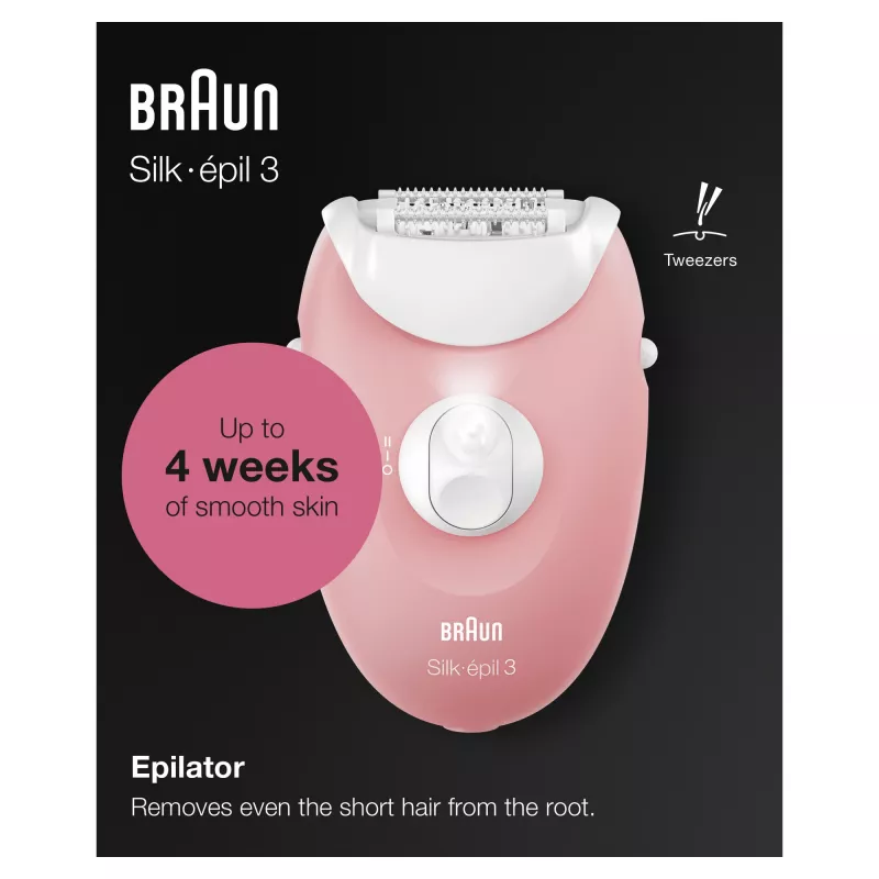 Braun Silk-épil 3 3-176 epiliatorius su 3 priedais, rožinė, balta, 20 pincetų, skutimas, AC, 100–240 V, 50–60 Hz