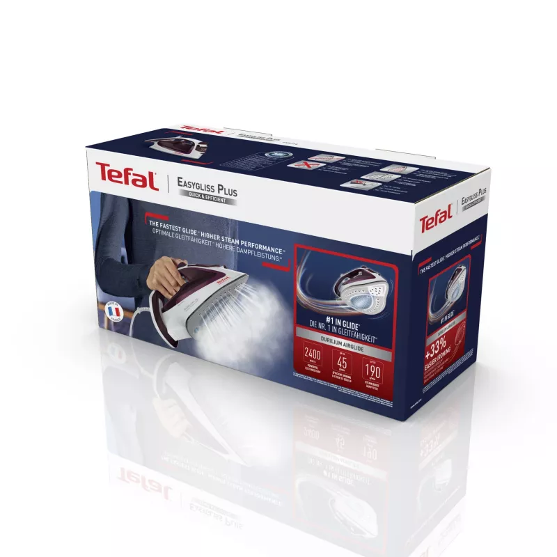 Tefal EasyGliss Plus FV5714 lygintuvas sausam ir garų lyginimui, Durilium padas, 2400 W, bordo, baltas
