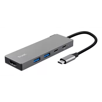 USB Type-C daugiafunkcis adapteris TRUST 26062 — HDMI + USB 3.2 Gen 1 Type-A & Type-C, pilkas, 5 prievadai