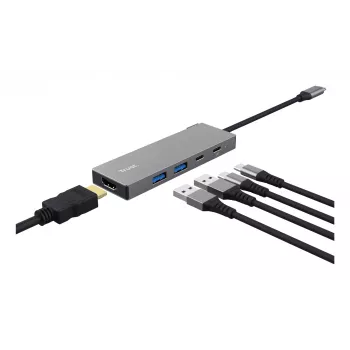 USB Type-C daugiafunkcis adapteris TRUST 26062 — HDMI + USB 3.2 Gen 1 Type-A & Type-C, pilkas, 5 prievadai