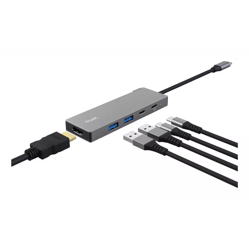 USB Type-C daugiafunkcis adapteris TRUST 26062 — HDMI + USB 3.2 Gen 1 Type-A & Type-C, pilkas, 5 prievadai