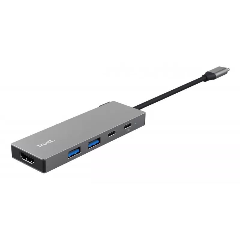 USB Type-C daugiafunkcis adapteris TRUST 26062 — HDMI + USB 3.2 Gen 1 Type-A & Type-C, pilkas, 5 prievadai