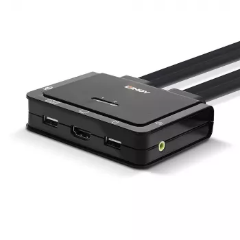 Lindy 2 prievadų HDMI 4K30, USB 2.0 ir garso kabelių KVM jungiklis, 1920 x 1080 pikseliai, juodas