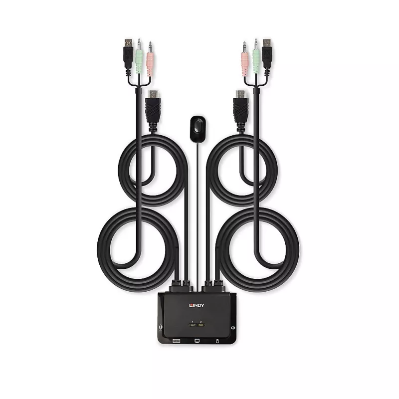Lindy 2 prievadų HDMI 4K30, USB 2.0 ir garso kabelių KVM jungiklis, 1920 x 1080 pikseliai, juodas