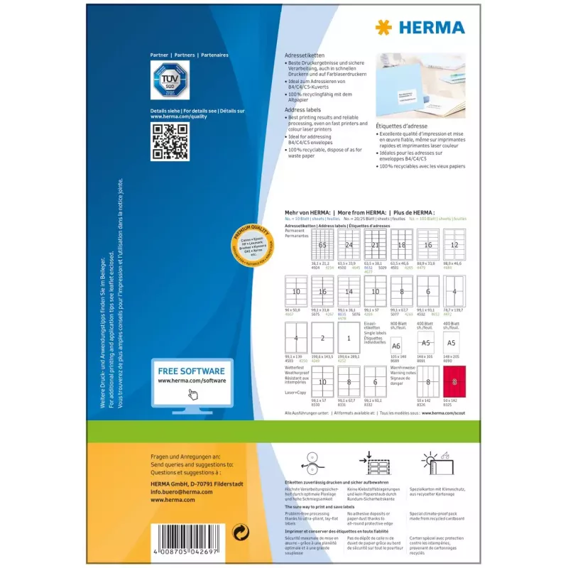 HERMA Premium lipnūs adresų etiketės A4 99,1x67,7 mm 800 vnt.