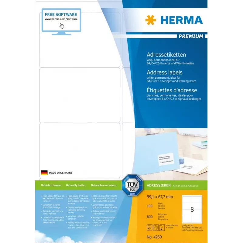 HERMA Premium lipnūs adresų etiketės A4 99,1x67,7 mm 800 vnt.