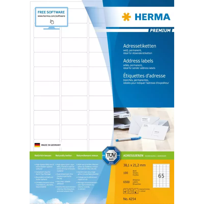 Adresų etiketės Premium HERMA A4 38,1x21,2 mm 6500 vnt.
