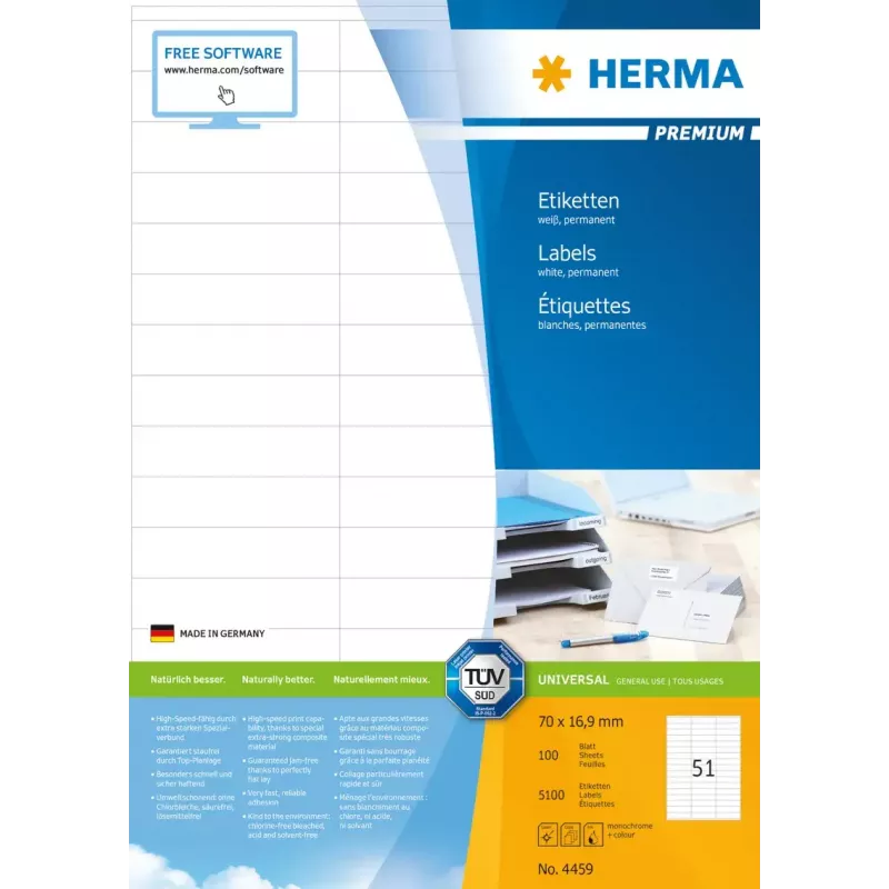 Lipnūs etikečių lapai HERMA Premium A4 70x16,9 mm, 5100 vnt.