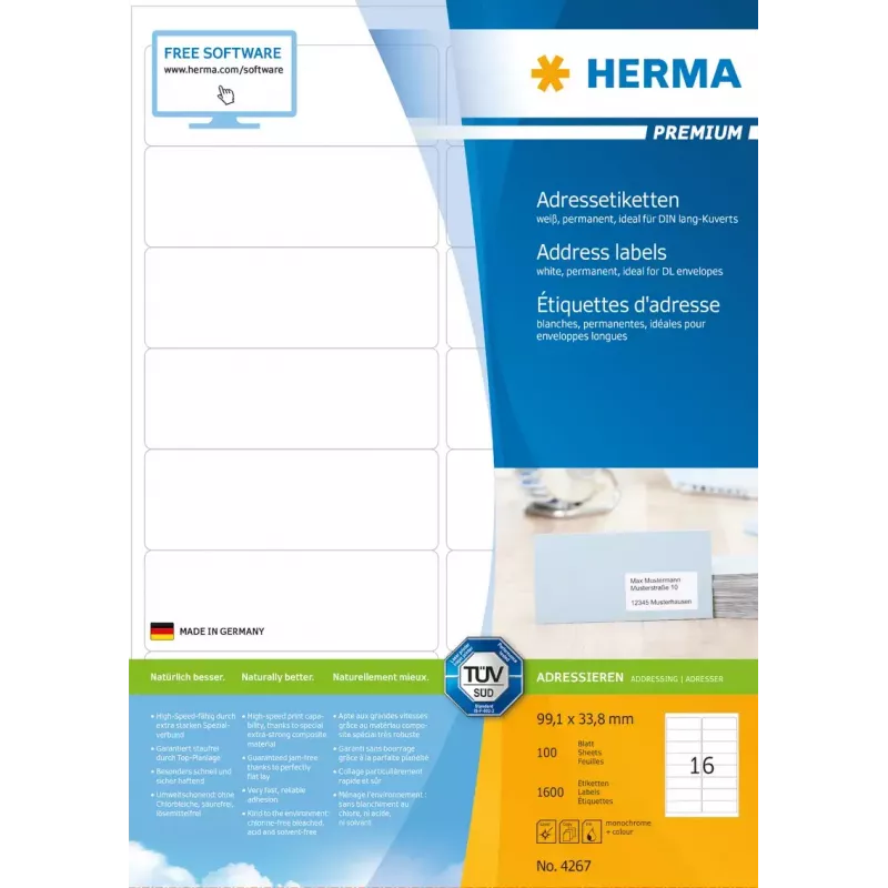 Lipnūs adresų etiketės HERMA Premium A4 99,1x33,8 mm 1600 vnt.