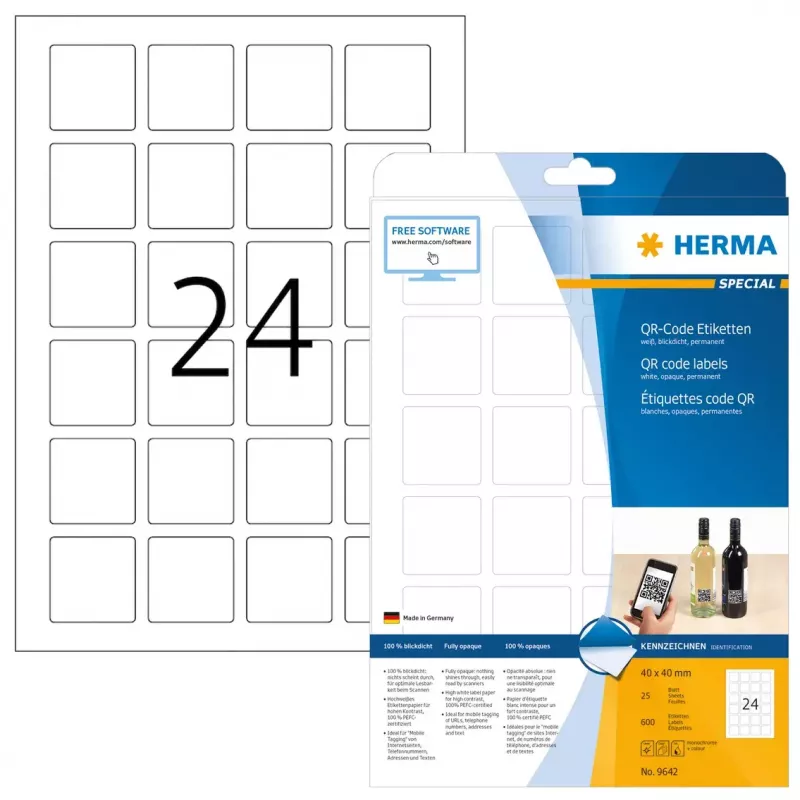 QR kodų lipdukai HERMA 9642 A4 40x40 mm kvadratiniai balti popieriniai