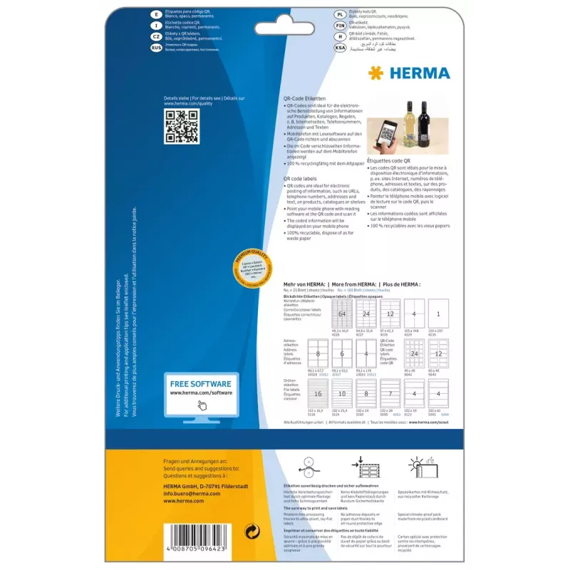 QR kodų lipdukai HERMA 9642 A4 40x40 mm kvadratiniai balti popieriniai
