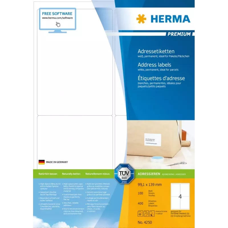 Adresų etiketės Premium HERMA A4 99,1x139 mm 400 vnt.