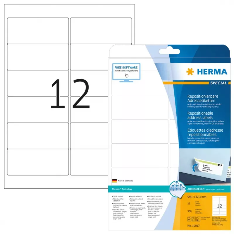 Perklijuojami adresų lipdukai HERMA 10017 A4 99,1x42,3 mm