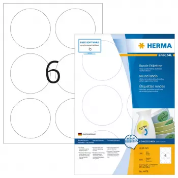 Nuimamos etiketės HERMA A4 Ø 85 mm apvalios baltos 600 vnt.