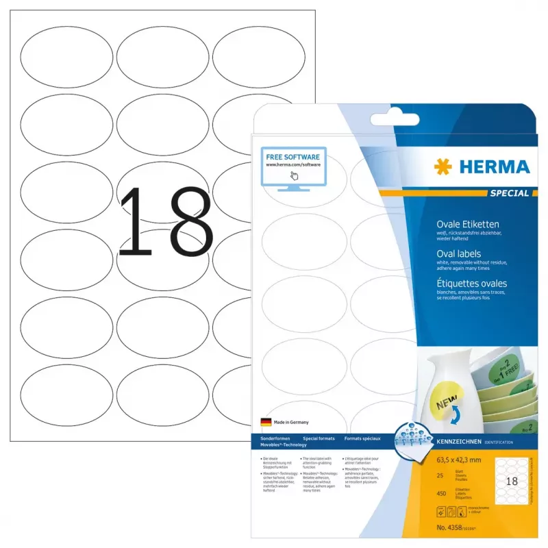 Lipnios etiketės HERMA Removable A4 63,5x42,3 mm 450 vnt.