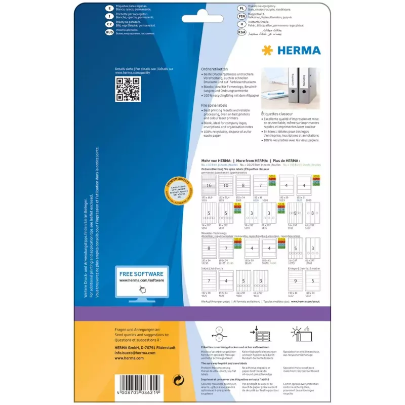 HERMA 8621 etiketės segtuvų nugarėlėms A4 192x61 mm 40 vnt.