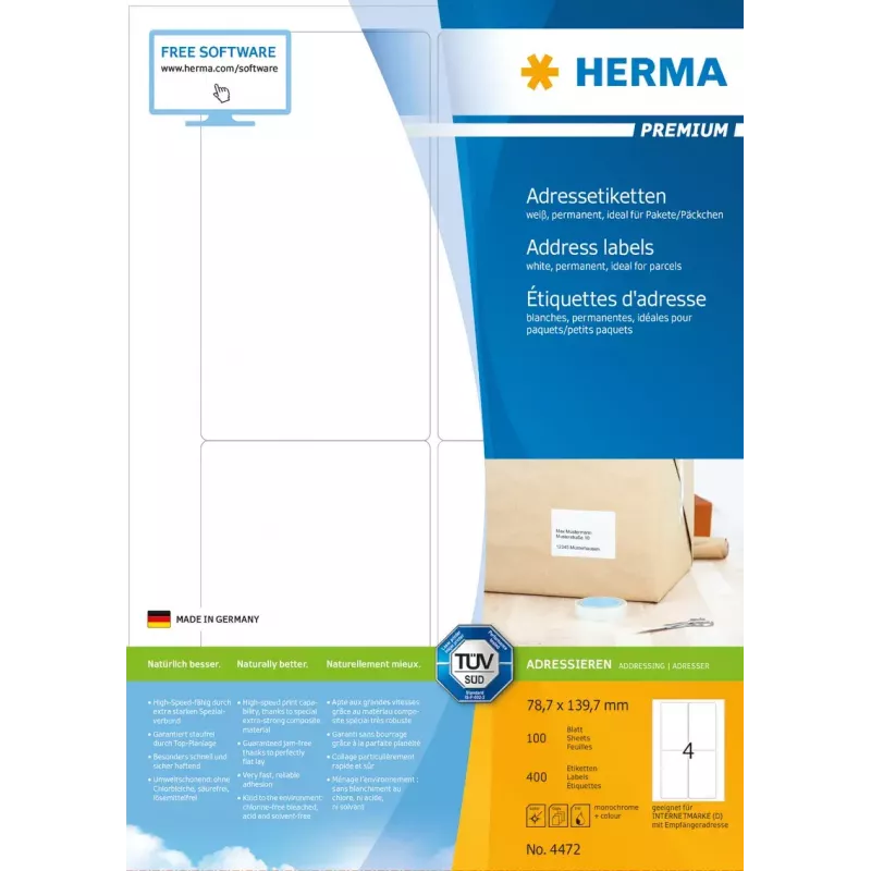 HERMA Premium adresų etiketės 4472 A4 78,7x139,7 mm 400 vnt.