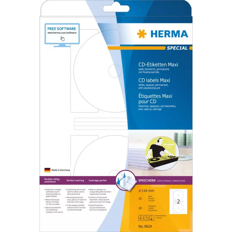 Lipnūs etikečių lapai HERMA CD Maxi A4 Ø 116 mm