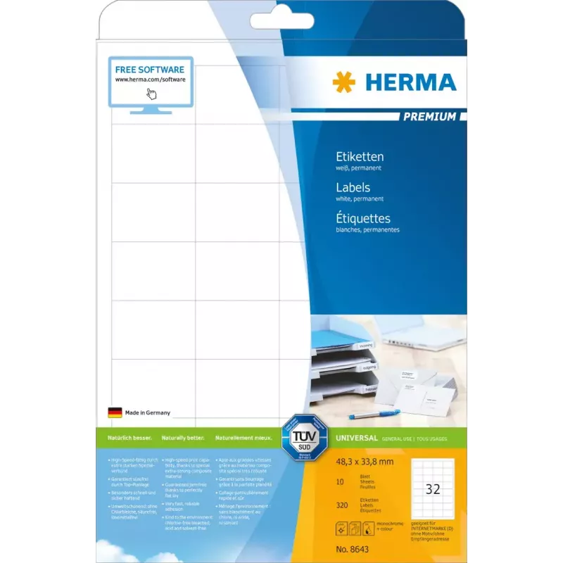 Lipnūs etiketės HERMA 8643 stačiakampiai nuolatiniai balti