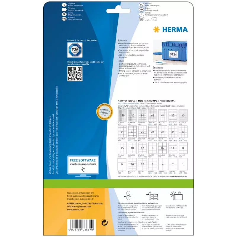 Lipni etiketė spausdintuvui HERMA Labels Premium A4 210x297 mm balto popieriaus matinė 10 vnt.
