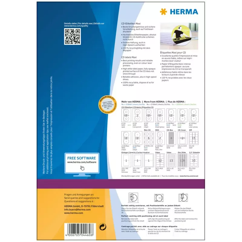 Lipnūs etikečių lapai CD HERMA Maxi A4 Ø 116 mm