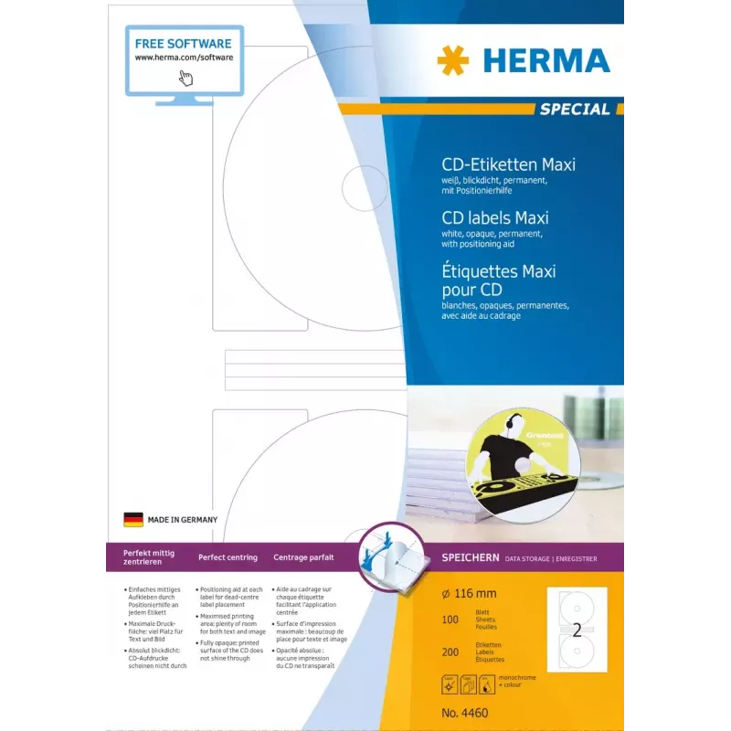 Lipnūs etikečių lapai CD HERMA Maxi A4 Ø 116 mm