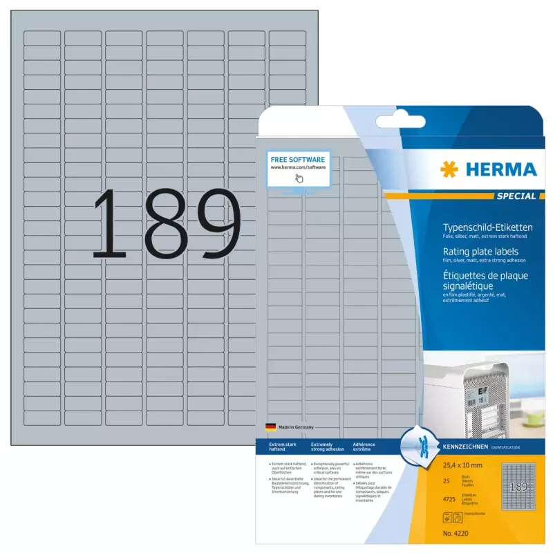 HERMA 4220 sidabrinės etiketės techninėms lentelėms A4 25x10 mm 4725 vnt.