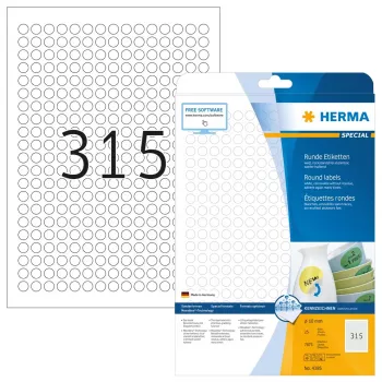 Lipnios etiketės HERMA Removable A4 Ø 10 mm apvalios baltos