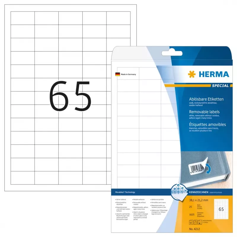Lipnių etikečių lapai HERMA 1625 vnt A4 38,1x21,2 mm
