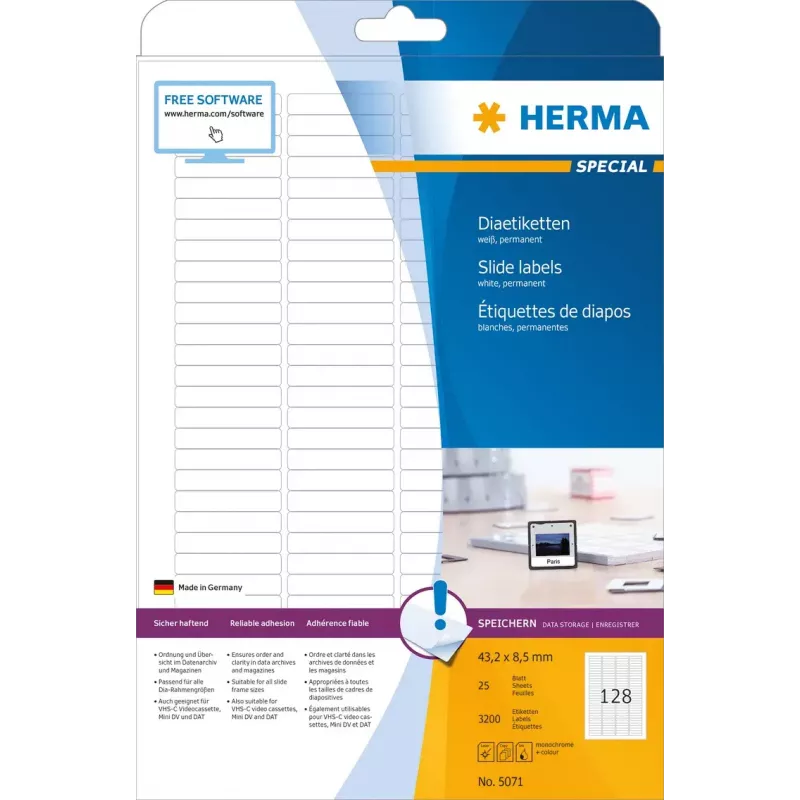 Lipnios etiketės skaidrėms HERMA A4 43,2x8,5 mm balto matinio popieriaus 3200 vnt.
