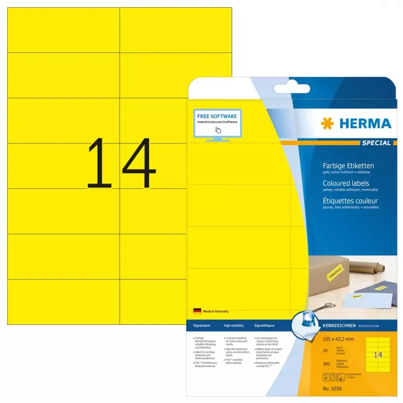 Lipnios etiketės HERMA 5058 geltonos 105x42,3 mm 280 vnt
