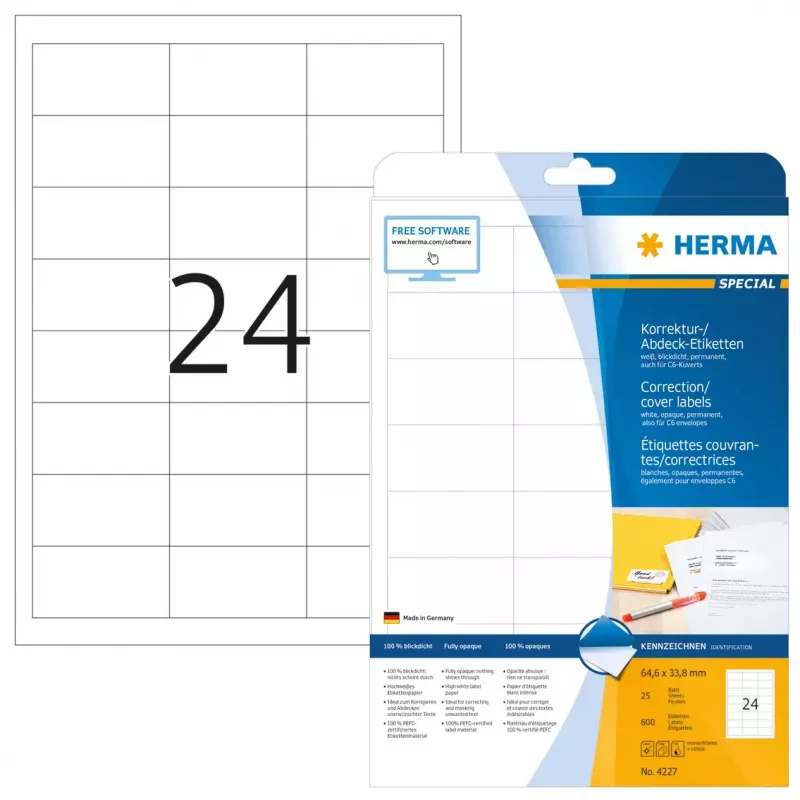 Korekcinės/uždengiamosios etiketės HERMA A4 64,6x33,8 mm 600 vnt.