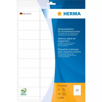 Adresų etiketės HERMA A4 67x30 mm popierius matiniai užapvalintais kampais 540 vnt.