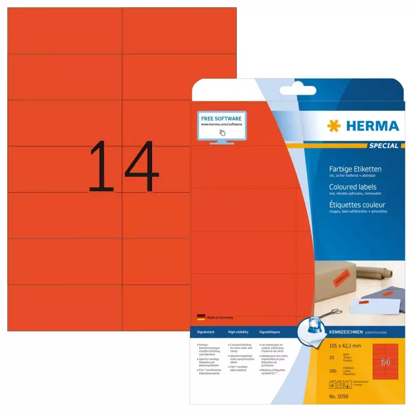 Lipnių etikečių lapai HERMA spalvotos etiketės A4 105x42,3 mm raudonos