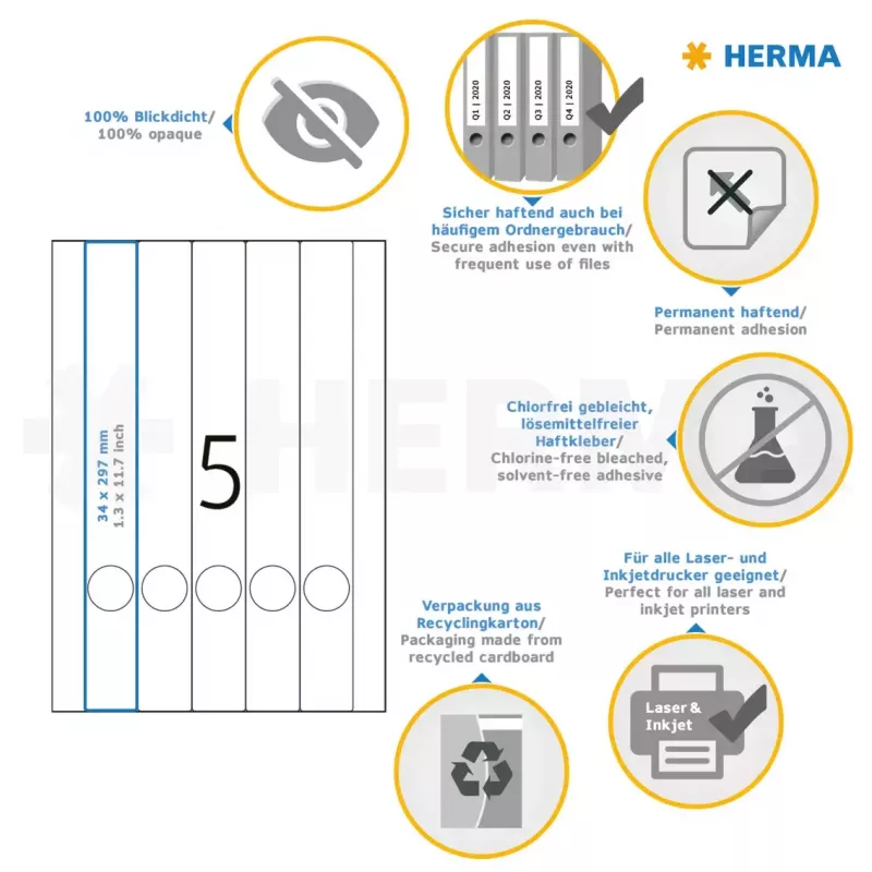 HERMA A4 failų etiketės 34x297 mm balta matinė nepermatoma 125 vnt.