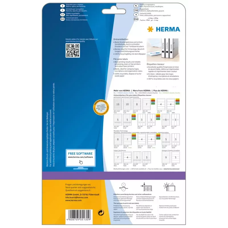 HERMA 5130 A4 failų etiketės 38x297 mm balto matinio nepermatomo popieriaus 125 vnt.