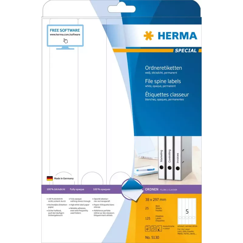 HERMA 5130 A4 failų etiketės 38x297 mm balto matinio nepermatomo popieriaus 125 vnt.